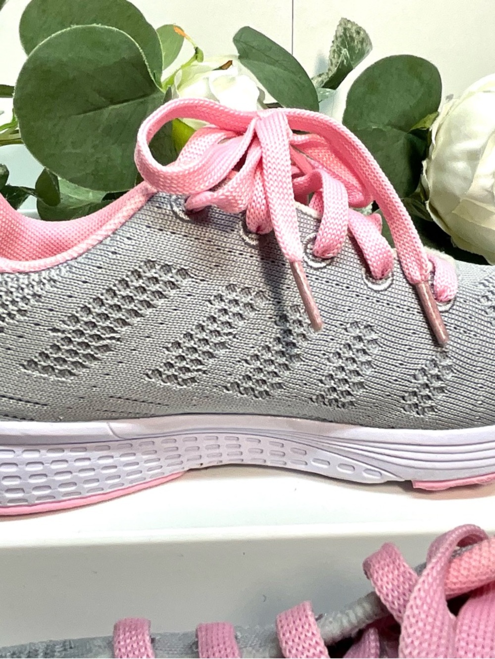 Women’s Gray Knit Athletic Sneakers with Pink Trim